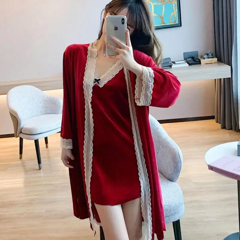 

Комплект из двух предметов, Женский бархатный халат-кимоно, Свадебный костюм с банной рубашкой, одежда для сна с кружевной отделкой, халат с ...