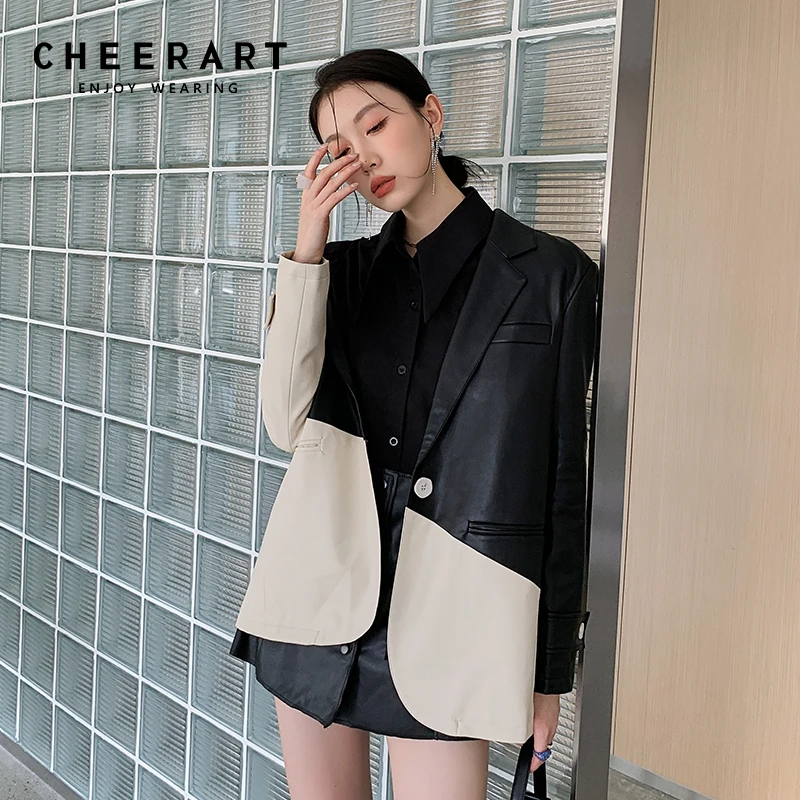 CHEERART Black Patchwork Leather Designer Coats And Jackets For Women 2021 High Fashion Single Button PU Faux Leather Jacket