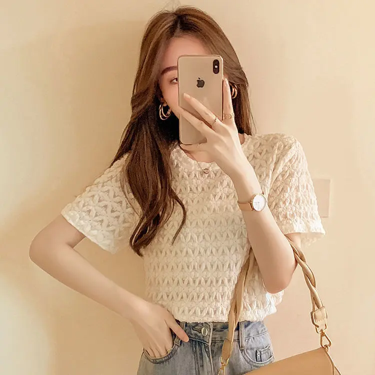 

2021 summer new round neck fashion trend sweet LACE SHORT SLEEVE pleated top solid color Pullover versatile T-shirt for women