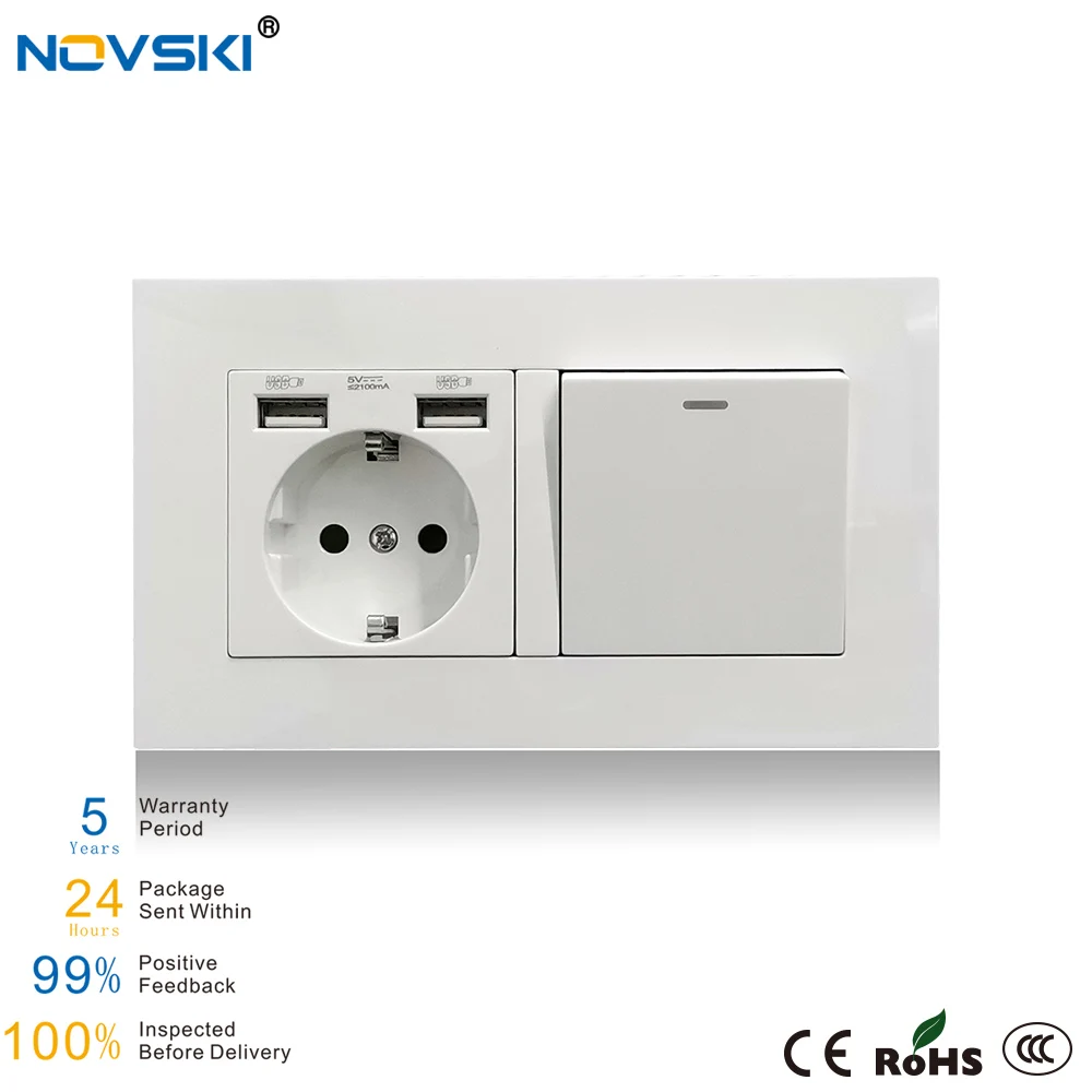 Настенная розетка NOVSKI Pop европейского стандарта с заземлением и двумя USB-портами |