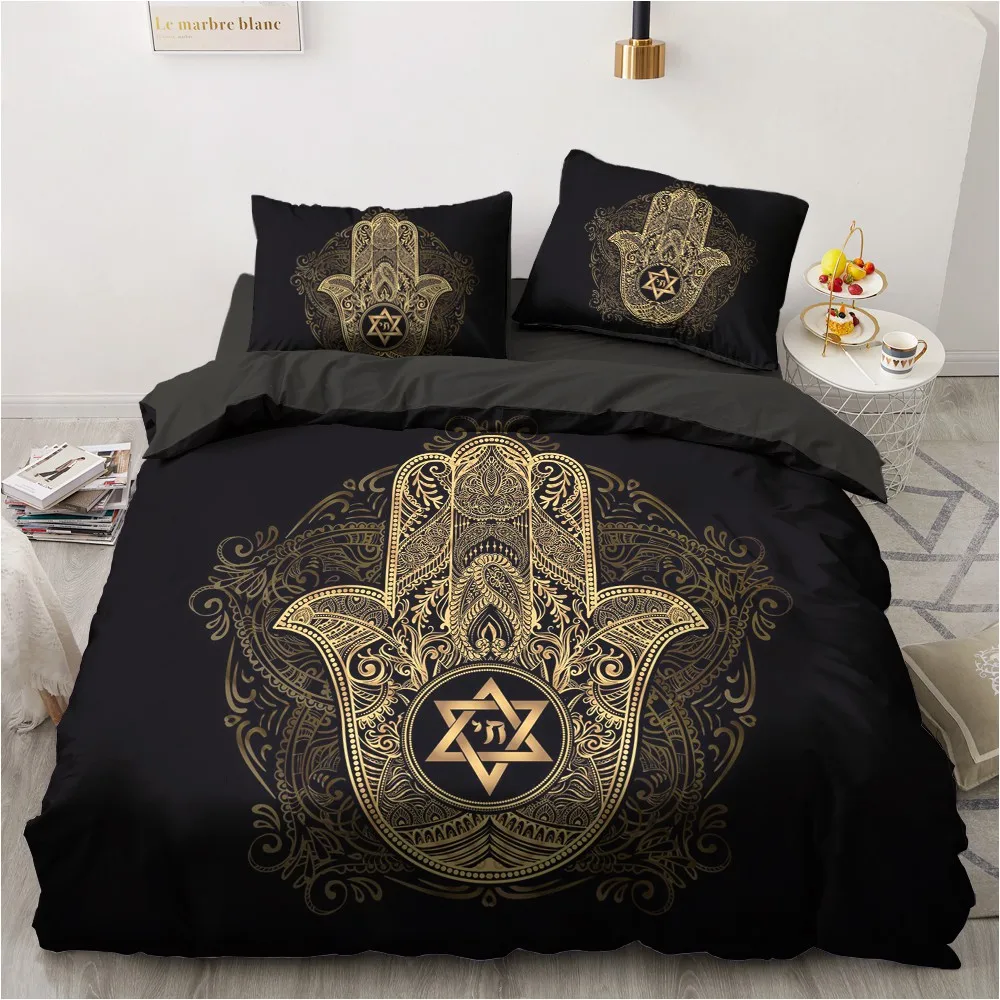

Black Quilt Cover Sets 3D Custom Design Modern Comforther Case Pillow Sham 200*230cm Full Twin Double Size Gold Ganesha Beddings