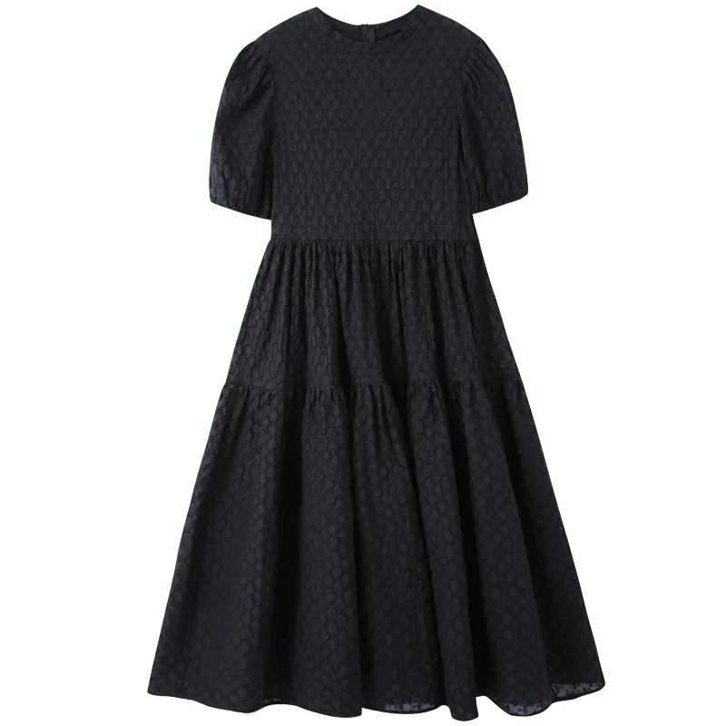 

SuperAen 2021 French Puff Sleeve Embossed Texture Long Black Big Swing A-Line Mid-Calf O Neck Dress for Women