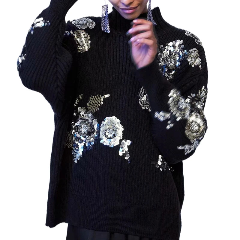 

TMODA903 Za 2021 Spring New Fashion Tide Sequins Big Size Knitting Sweater Loose Fit Turtleneck Long Sleeve Women Pullovers