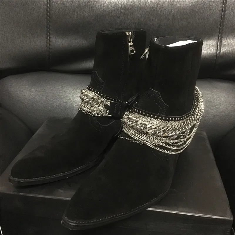 Мужские джинсовые ботинки на танкетке с острым носком |