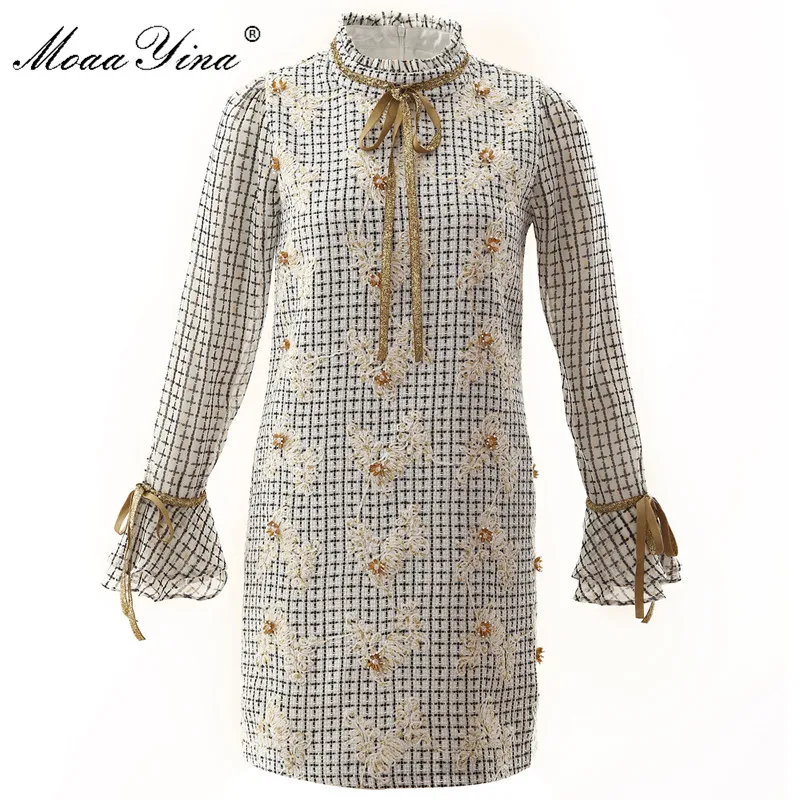 MoaaYina модное дизайнерское платье весна-осень женское золотая линия вышивка