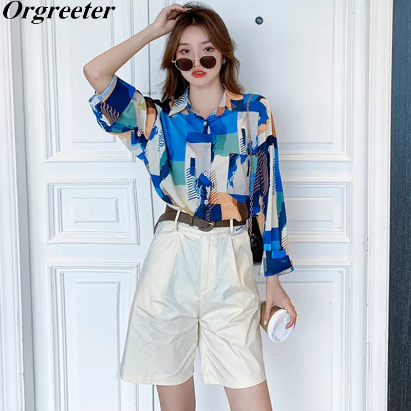 

Женский костюм из двух предметов, свободная рубашка контрастных цветов с длинным рукавом и брюки до колена, костюм-двойка, осень 2021