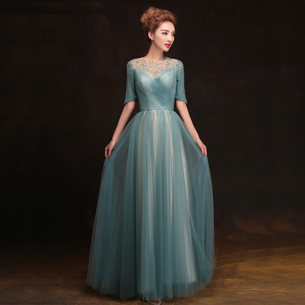 

Short Sleeves Prom Dresses A Line Tulle Sequined Green Formal Party Gowns Long Evening Dress