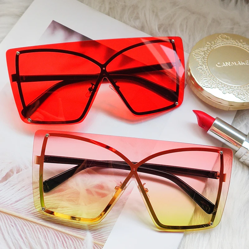 

Fashion Oversized Rimless Sunglasses Women Square Italian Brand Design Sun Glasses One Piece Pink Green Eyewear Shades UV400