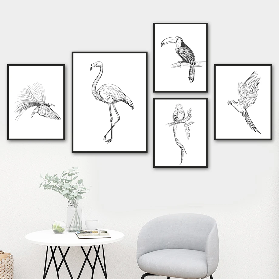 

Flamingo Parrot Toucan Line Black White Wall Art Canvas Painting Nordic Poster And Prints Wall Pictures For Living Room Decor