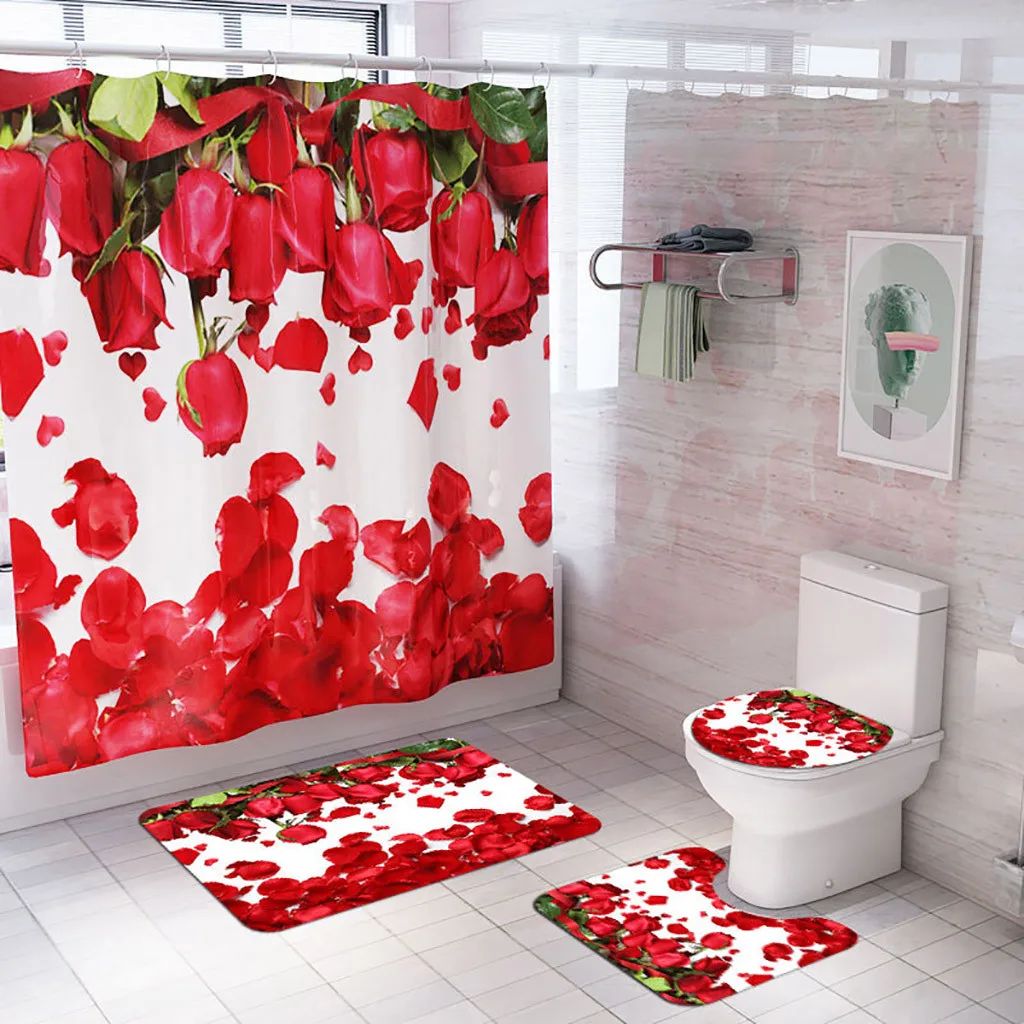 4pc Rose Print Shower Curtain Toilet Carpet U Square Bathroom Decor Sets And Rugs Bath Mat | Дом и сад