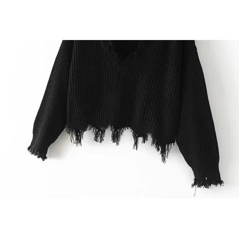 

New Fashion Pullover Ripped Hole Sweaters Loose Jumper Casual White Sweater Women Knitting Sweaters Pull Long