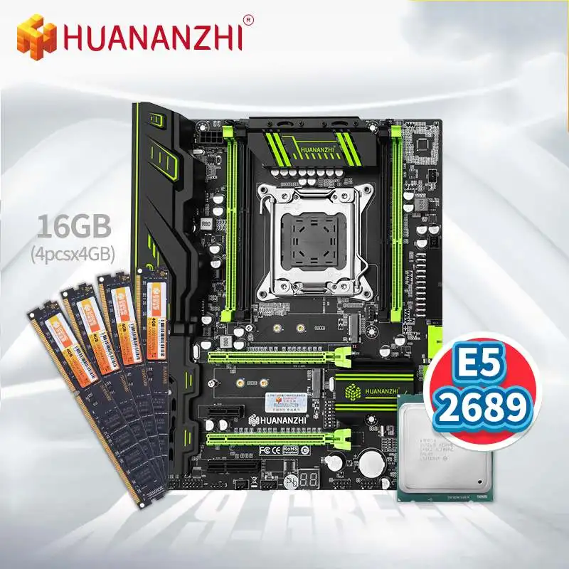Verkauf HUANANZHI X79 GRÜN Motherboard Mit Intel XEON E5 2689 Mit 4*4G DDR3NON-ECC Speicher Combo Kit Set USB 3,0 SATA PCI-E NVME