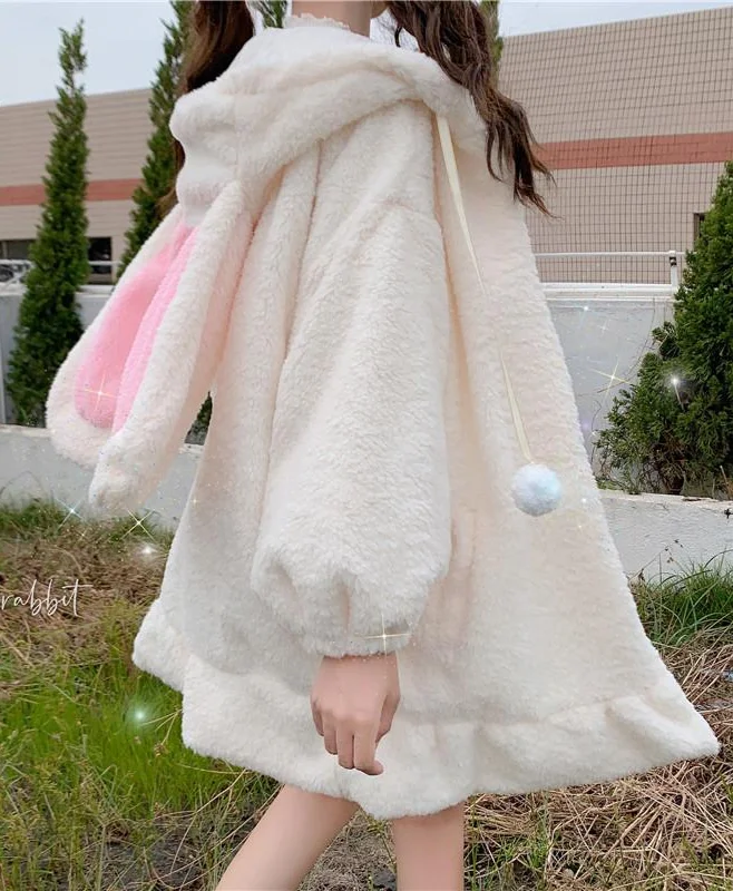 Lolita Teddy Rabbit Ears Hooded Soft Girl Ruffle Faux Wool Coat Zip Up Jacket Jacket Women Lambswool Plus Cotton Thick Outer New