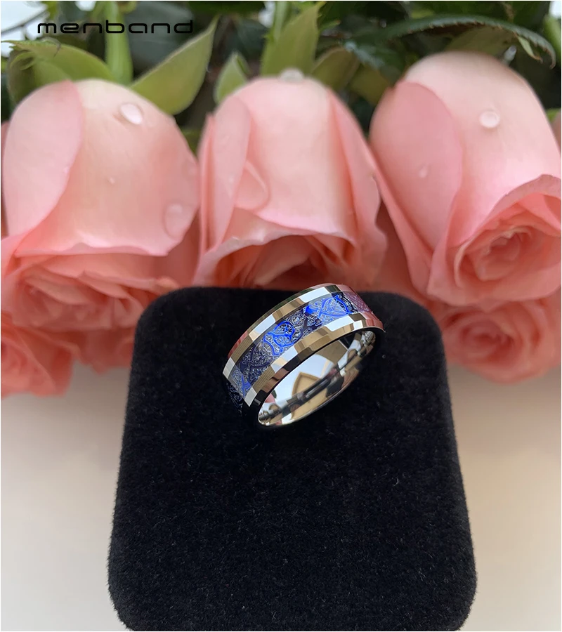 Вольфрамовое обручальное кольцо с драконом для мужчин и женщин метеоритом синим