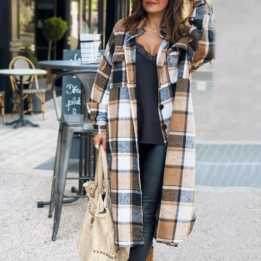 

Plaid Long Coat Fashion Women Spring Winter Long Sleeve Loose Overcoat Turn Down Collar Ladies Casual Jacket Elegant Outwear