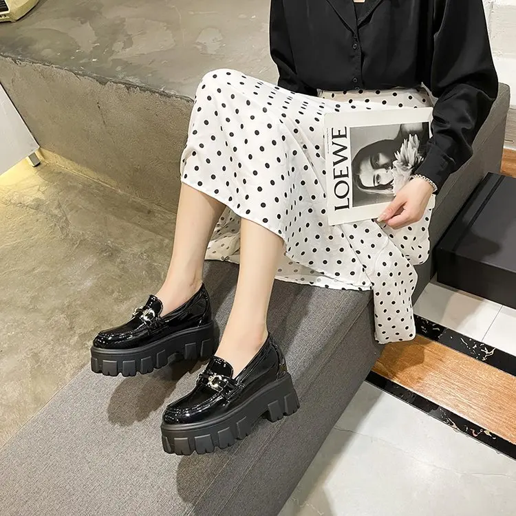 

2021 autumn new thick-soled vulcanized shoes women's oxford shoes PU leather lightweight round toe high heels women casual shoes