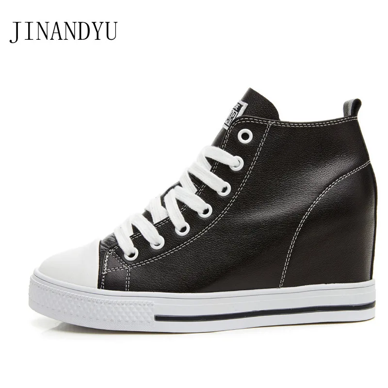 High Top Wedge Sneakers Real Leather Casual Shoes Lace Up Heels Casuales Black White Sneakers High Fashion Sport Shoes Pumps