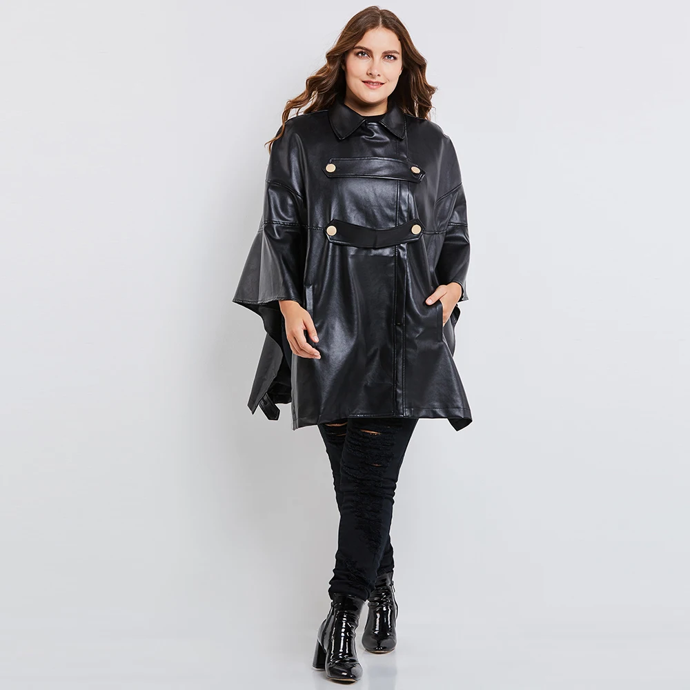 

Plus Size PU Jacket Women 2021 Autumn Black Batwing Sleeves Plain Fashion OL Female Vintage 5XL Oversize Batwing Coat