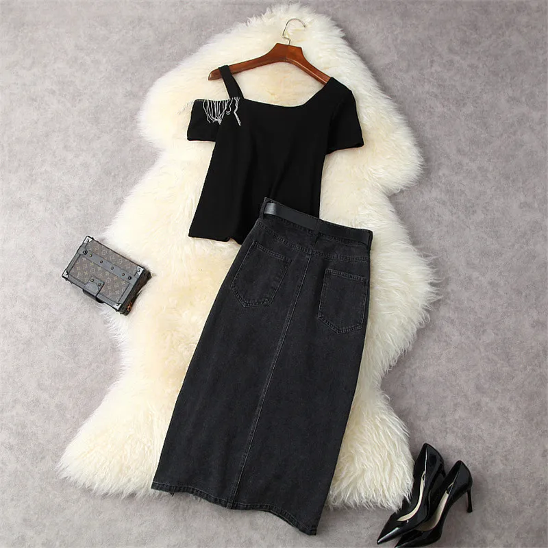 

Summer 2 Piece Clothing Set Women Fashion Designer One Shoulder Beading Tassel Top and Split Denim Skirt Suit Casual Outfits