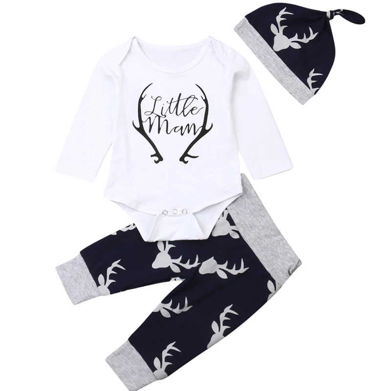 

Pudcoco 3 Piece Baby Romper Pants Hat Suit Full Length Regular Sleeve Deer Printed Round Neck Covered Button Sets