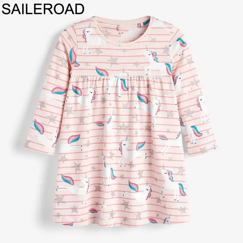 7203 same picture SAILEROAD Платье динозавра Девушка Одежда Животные Аппликации Хлопок Платья для девочек для детской одежды Платье с принтом с длинным рукавом Единорог - Цвет: 7203 same picture
