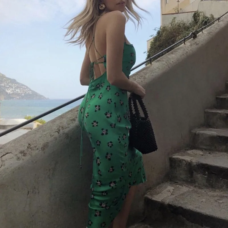 

MSXU Elegant Sexy Backless Print Slim Casual Party Club A Line Women Slip Dress