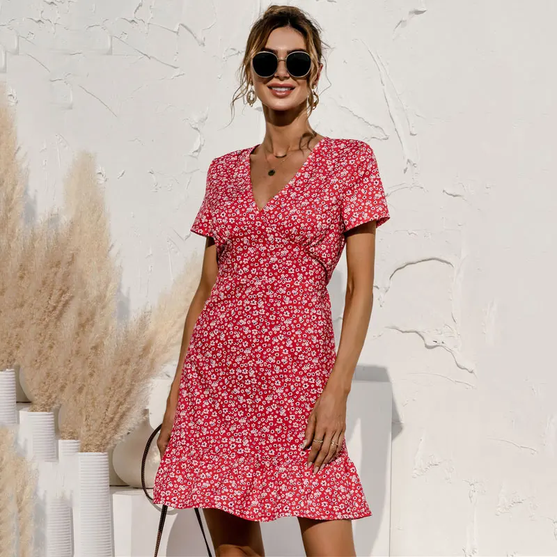 

2021 Летнее мини-юбки с цветочным рисунком платье женское платье с v-образным вырезом короткие богемское платье дамы с короткими рукавами тра...