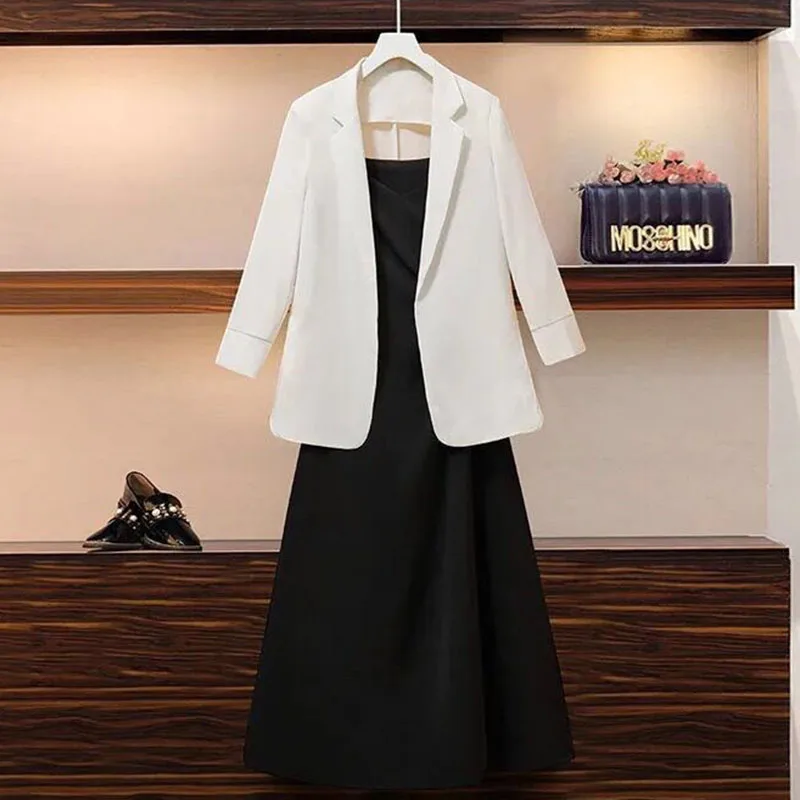 

Elegant Fashion Women Dress Sets Thin Blazer Autumn Black Strap White Long Sleeve Chiffon Tops Maxi Dresses Luxury Evening Party