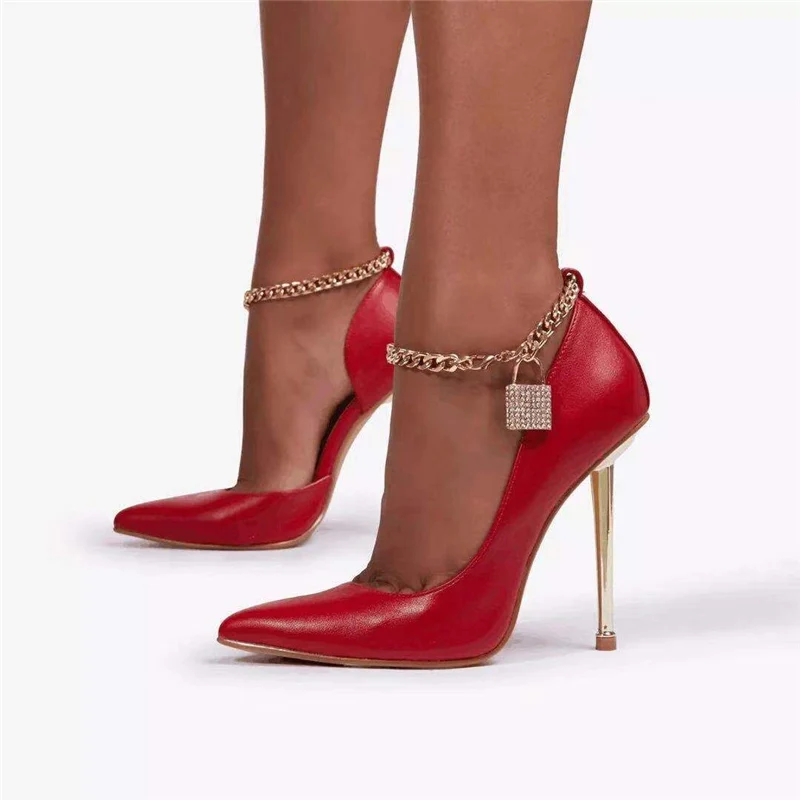 

Women 11.5cm High Heels Luxury Metal Chain Pumps Lady Fashion Red Pointed Toe Female Escarpins Fetish Sexy Party Wedding Shoes