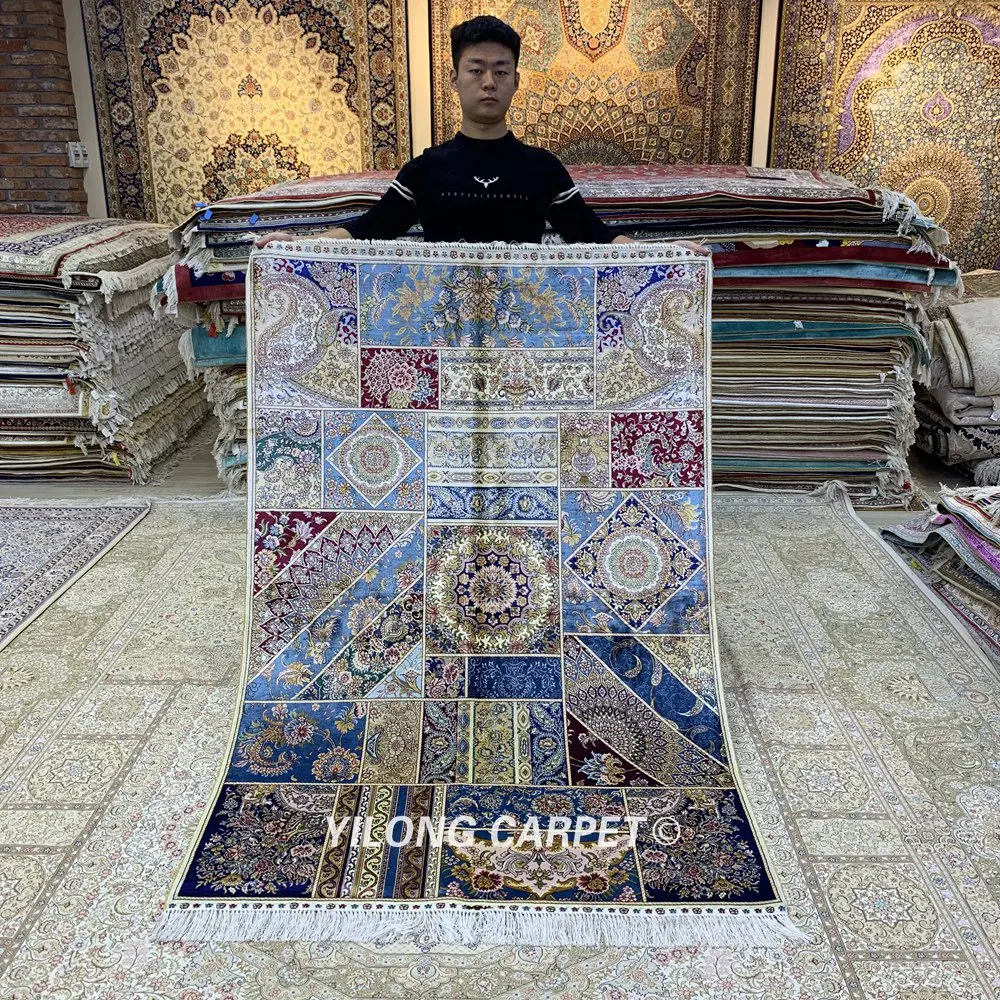 

Yilong 4'x6' Persian Silk Rug Patchwork Design Hand Knitted Silk Rug for Sale (ZQG366A)