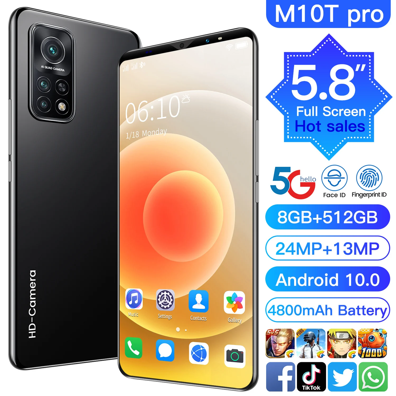 

Global Version M10T Pro SmartPhones 8GB+512GB Mobile Phone 13MP+24MP HD Camera 5.8inch 4800mAh Phone Android10 4G 5G Cellphones