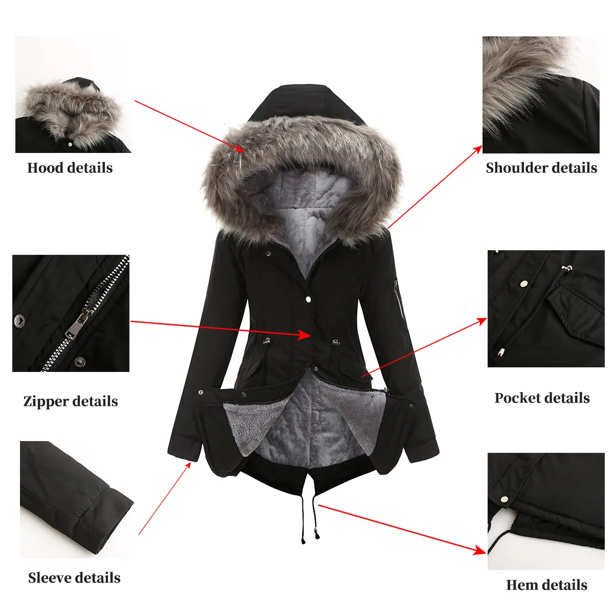 Women's Warm Fleece Fur Hooded Parka Coat Woman Long Parkas Femme Autumn Winter Casual Thick Outwear Red Black Green