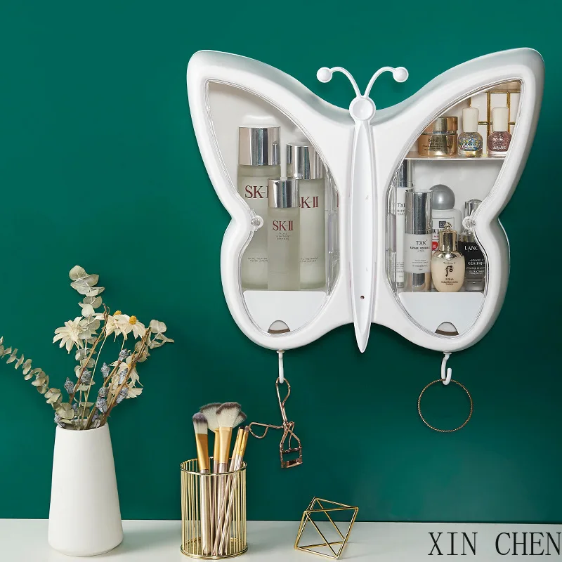 

New creative butterfly shape cosmetic storage box wall-mounted perforation-free dust-proof bathroom shelf home storage box gift
