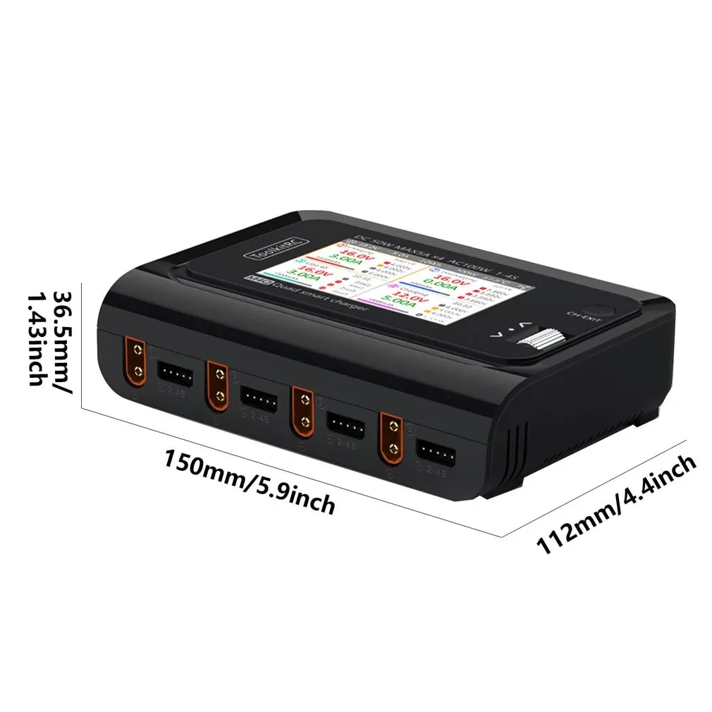 

ToolkitRC M4Q DC 50w 5A 1-4S AC 100W 4 Ports XT60 DC Smart Charger IPS Bright Clear Wide Angle Display Version With EU Plug