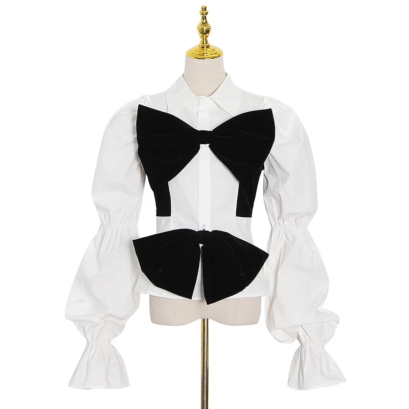 

New fashion elegant lapel lantern sleeve bow buckle design slim shirt