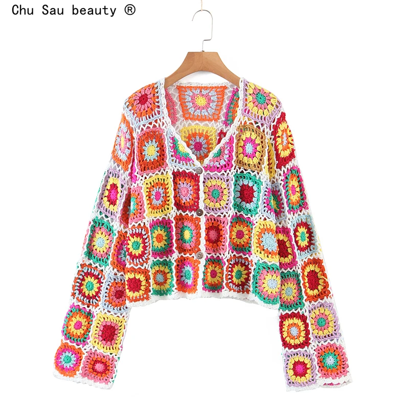 2021 Vintage Ethnic Style Crocheted Color Cardigan Summer V-Neck Single-Breasted Women Loose Hollow Short Long-Sleeved Top