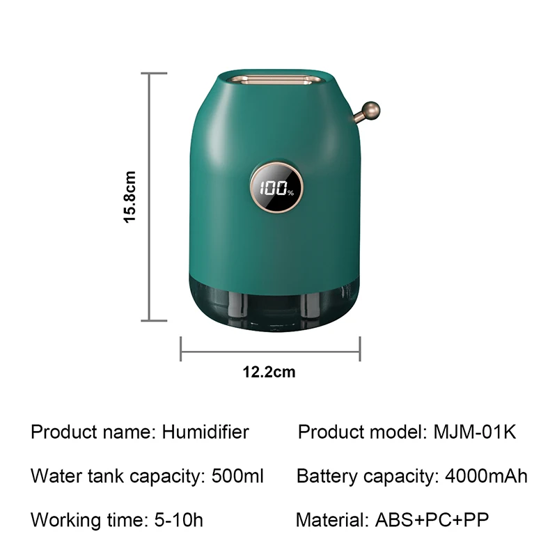 

500ML Large Capacity Ultrasonic Humidifier 4000mAh Battery Portable USB Air Aroma Diffuser Humidifiers with Light LED Display