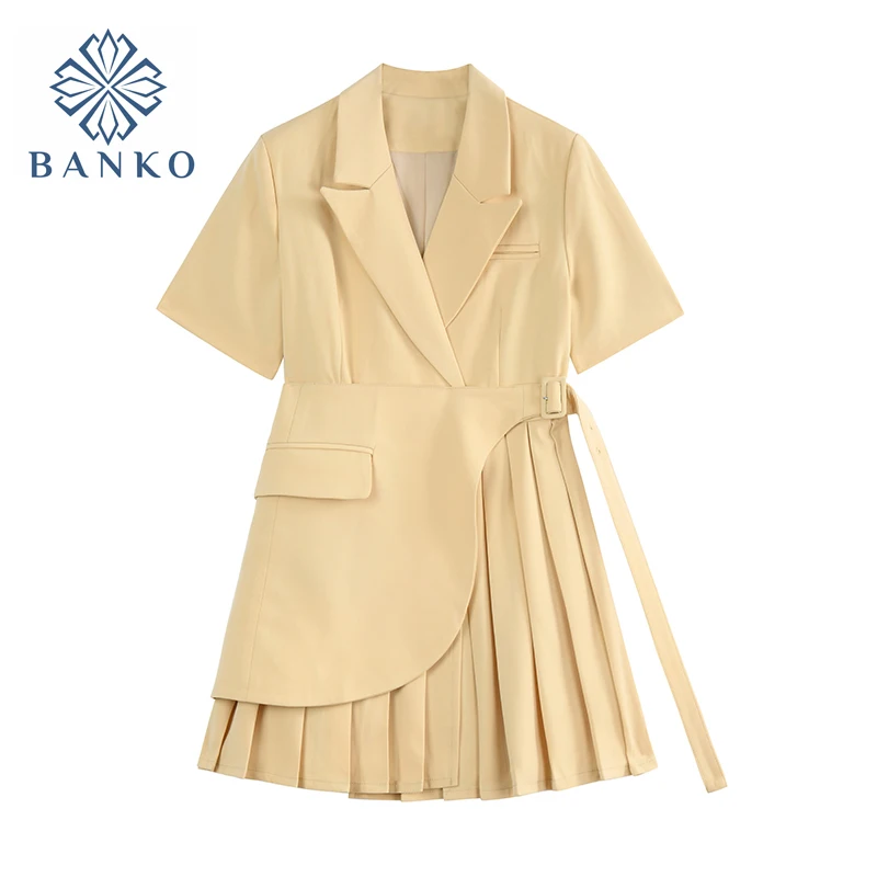 

Blazer Dress Women Elegant Cropped Lace Up Patchwork Notched Collar Dresses 2021 Summer New Streetwear OL Solid Pleated Vestiods