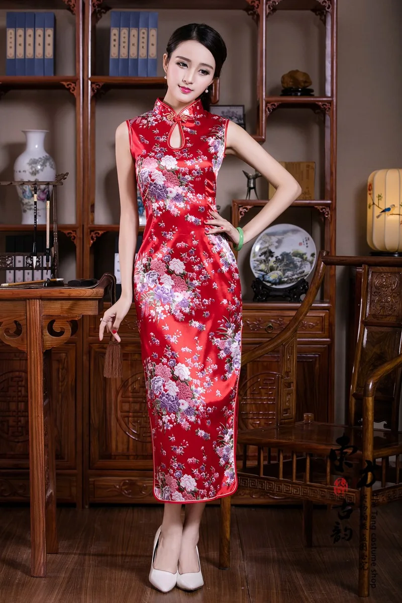 

Mandarin Collar Classic Qipao For Ladies Red Peacock Sleeveless Chinese Dress High Split Oriental Vestidos Evening Party Gown