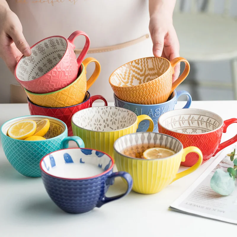 

Creative Personality Breakfast Ceramic Cup Large Capacity Cereal Home Drinking Milk Coffee Cup Slight Defect Mug 2pcs Free Spoon