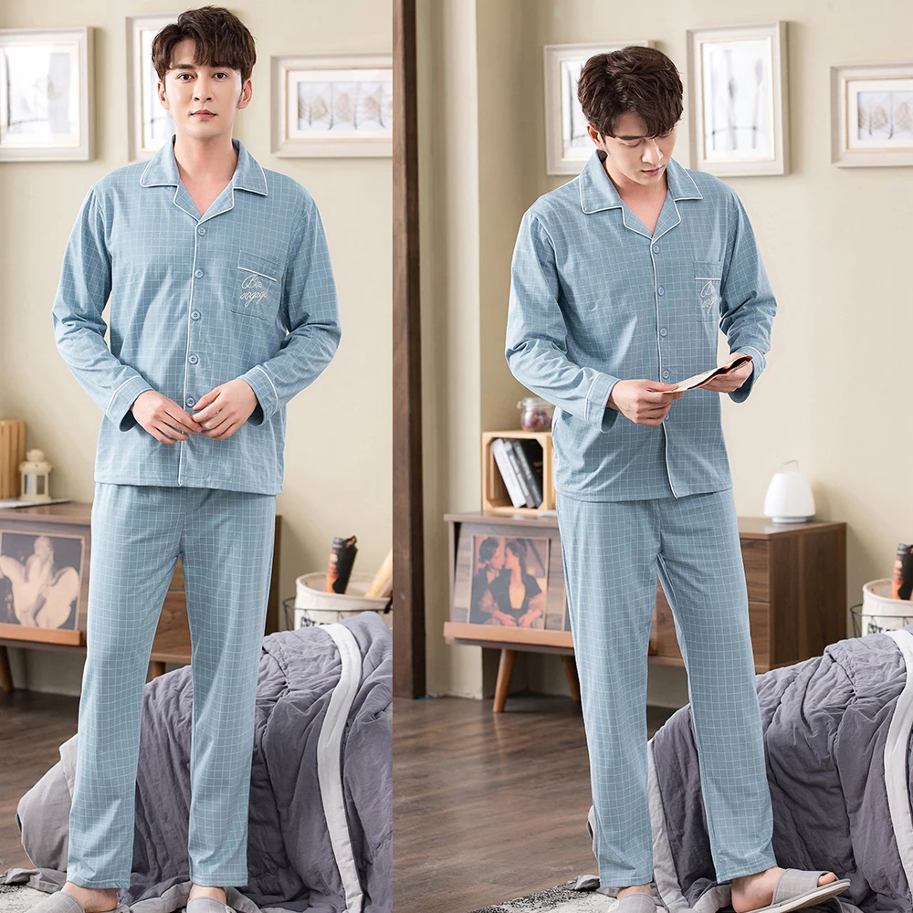 Spring autumn 100%Cotton Pajamas Sets For Men Plaid Sleepwear Suit Casual Home Clothes Pijamas Hombre Loungewear Plus Size 4XL