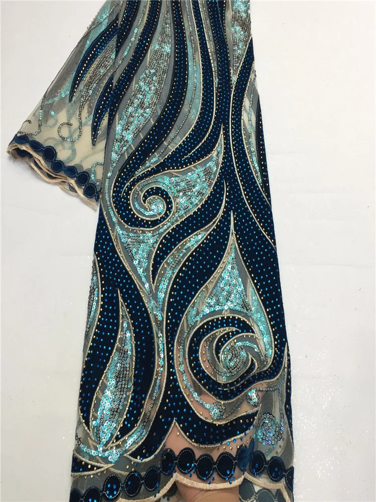 Tessuto di pizzo di velluto di paillettes francese africano di lusso blu Navy tessuto di pizzo di sequenza Glitter nigeriano verde per abito da donna