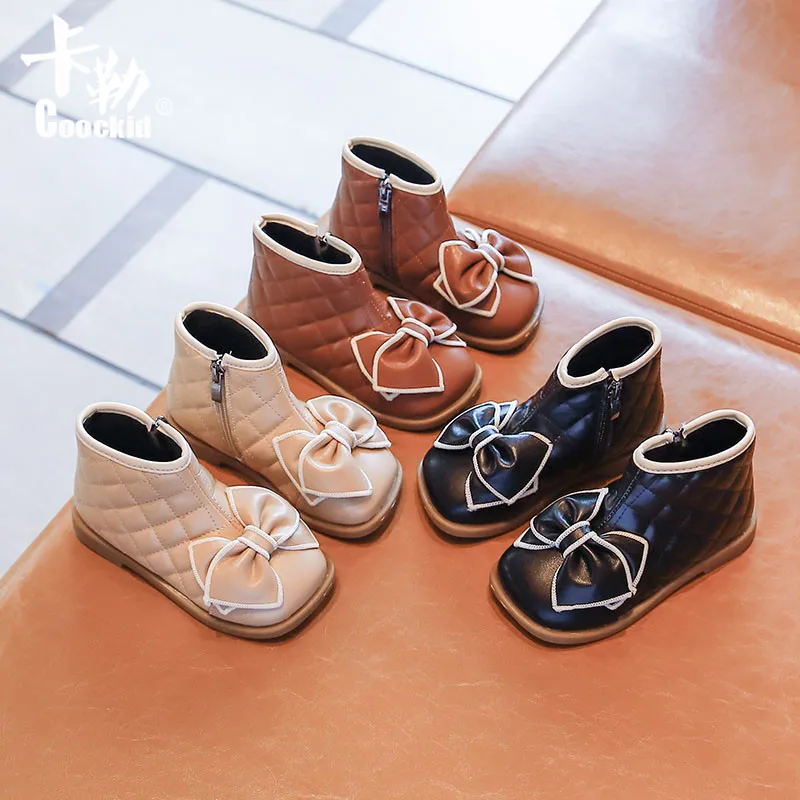 

Girls bow princess leather boots 2021 autumn and winter new children's fashion short boots