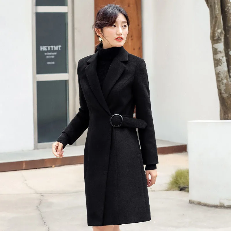 

Long Wool Blend Coats Women Winter Casual Thick Woolen Coat Ladies Korea Turndown Warm plus size solid color Coat Female Elegant