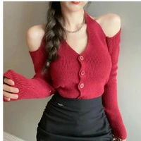 2021 temperament goddess knitwear spring and autumn anchor pure desire style halter strapless long sleeve v neck hot girl top xl