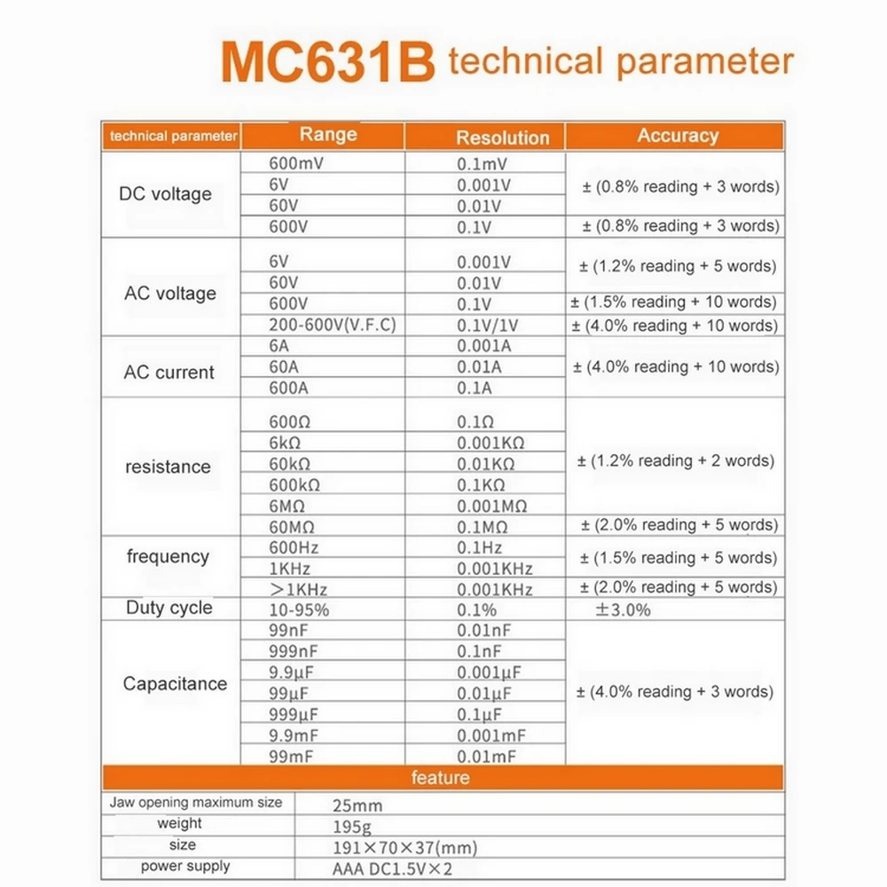 Автоматический амперметр зажимного типа Mc631a измеритель напряжения и