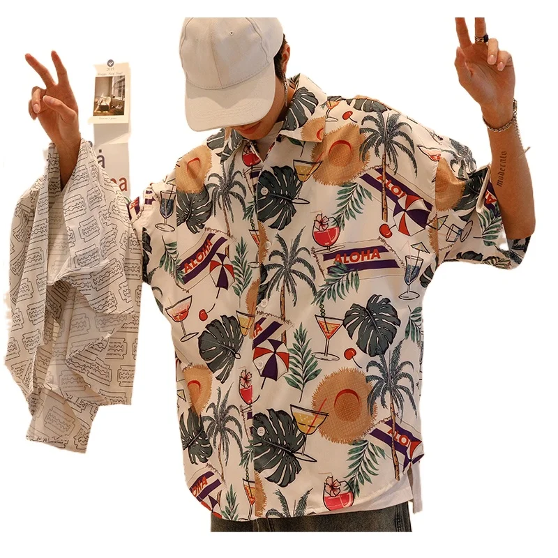 

QIWN 2021 Hot Sale Hawaiian Flower Shirt Male Retro Hong Kong Flavor Casual Loose Beach Holiday Floral Couple Short Sleeve