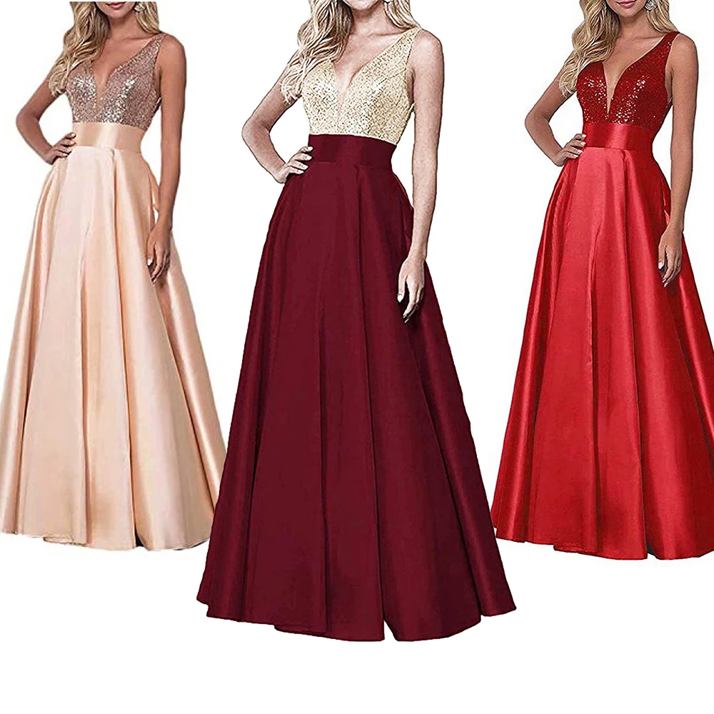 

Блестящие вечерние платья с V-образным вырезом, плиссированные атласные трапециевидные платья для встречи выпускников, Длинные официальные платья до пола с открытой спиной