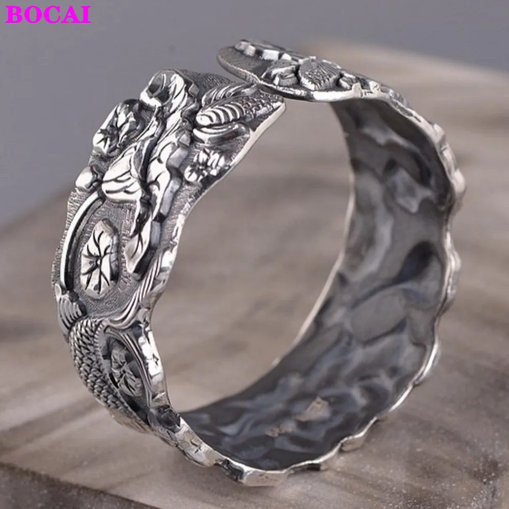 

BOCAI S990 Sterling Silver Female Bracelet Retro Thai Silver Craft Women's National Style Hand Carved Lotus Opening Bracelet