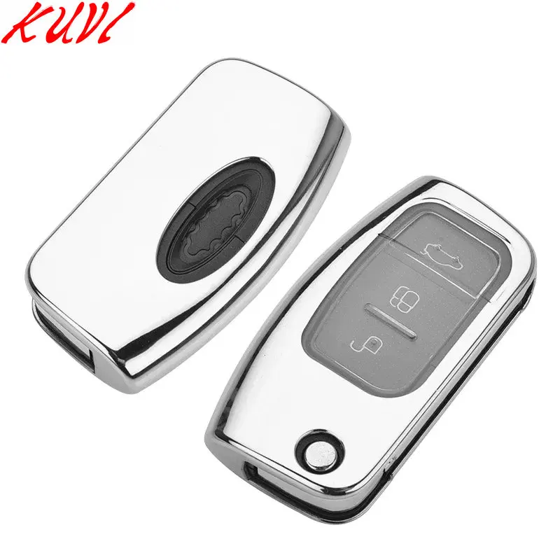 silver Мягкий чехол для ключей из ТПУ для Ford Fiesta Focus 2 Ecosport Escape Car Flip Складной Дистанционный чехол для ключей 3 кнопки - Название цвета: silver